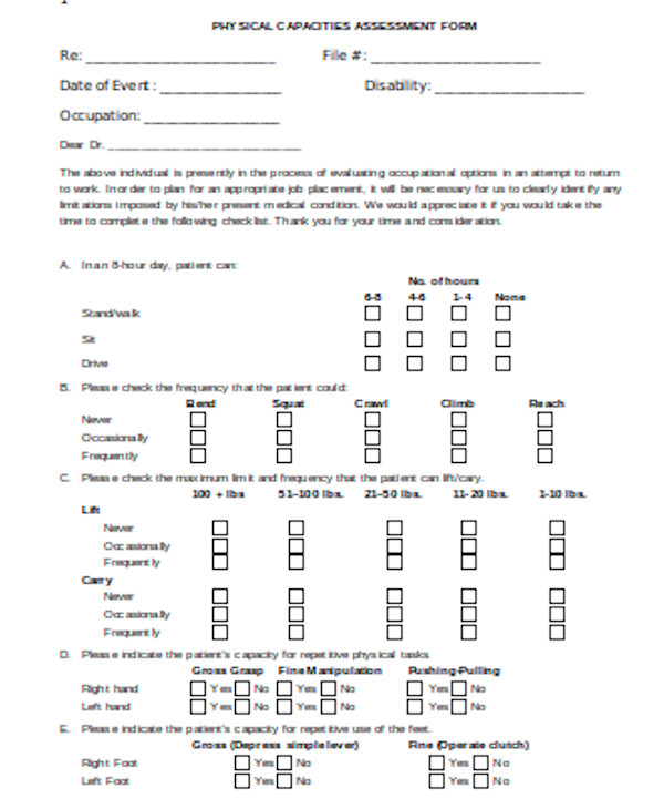 physical capacities assessment form
