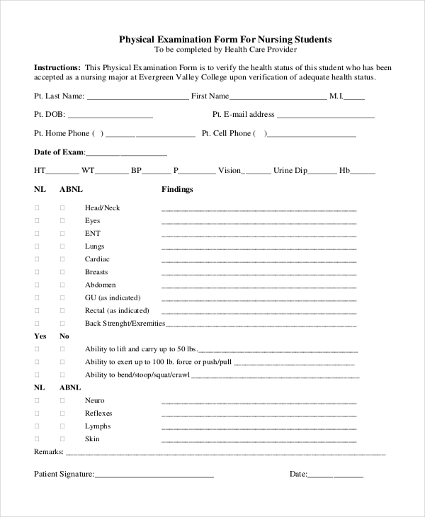 physical examination form for nursing students