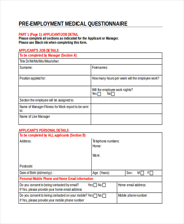 Employee Health Questionnaire Template