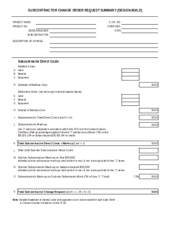 printable change order request form