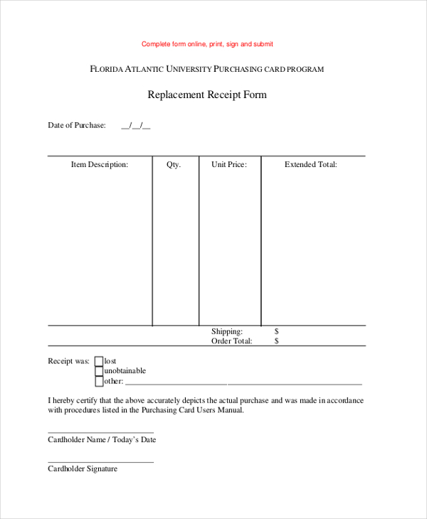 printable replacement receipt form