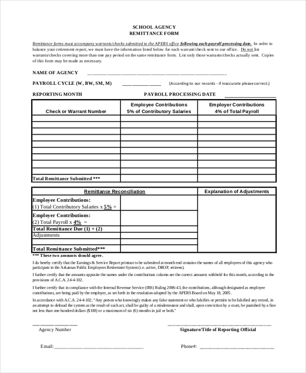 remittance form instructions school agency
