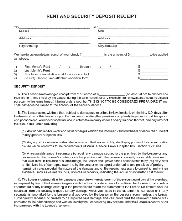 FREE 9+ Sample Security Deposit Receipt Forms in PDF | MS Word | Excel