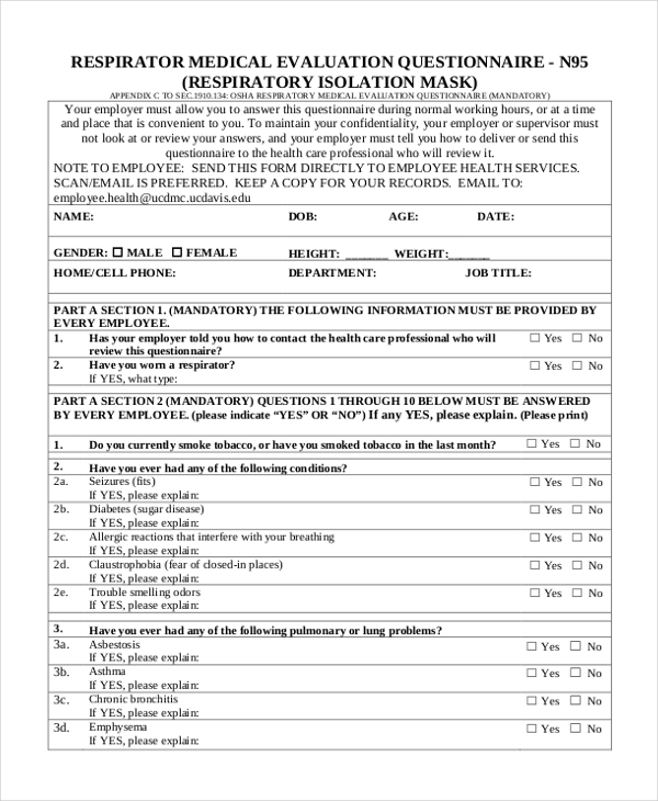 respirator medical evaluation questionnaire form