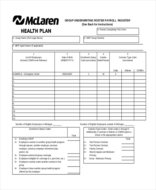 roster payroll register form