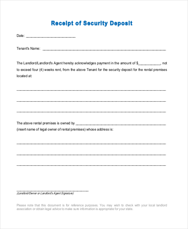 receipt of security deposit