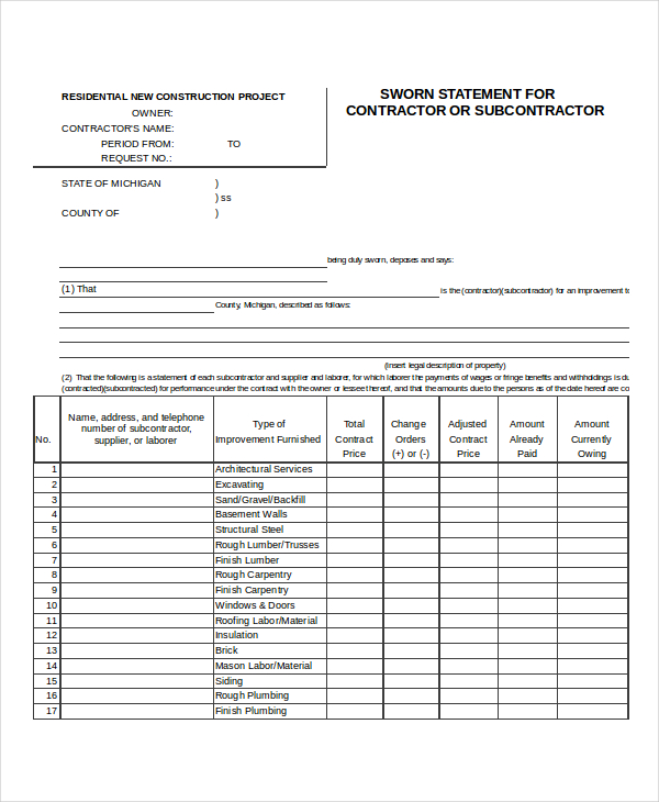 FREE 9  Sample Sworn Statement Forms in MS Word MS Excel PDF