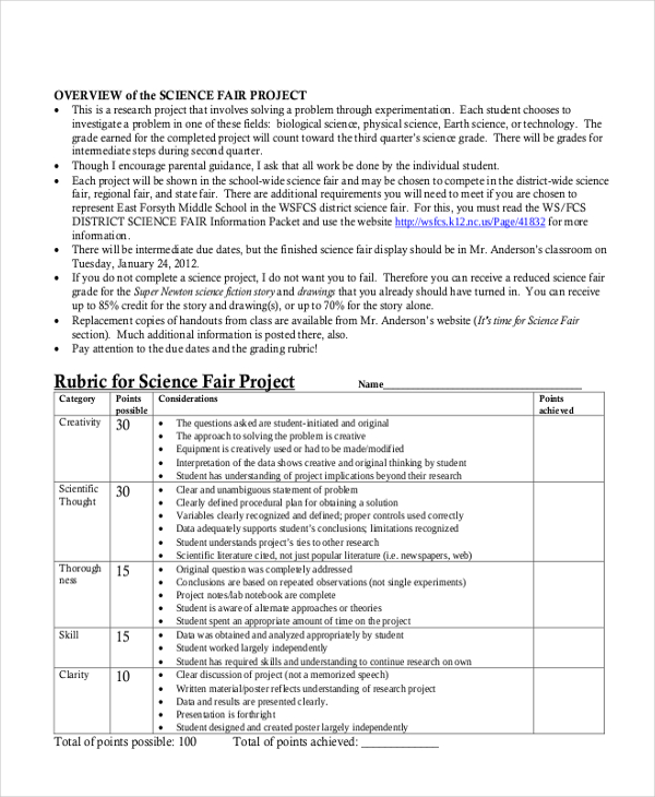 rubric for science fair project