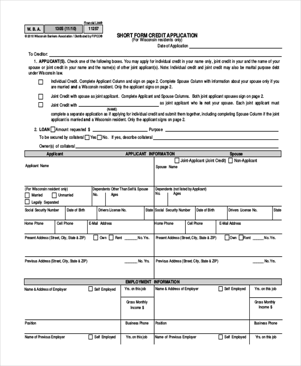 short form credit application