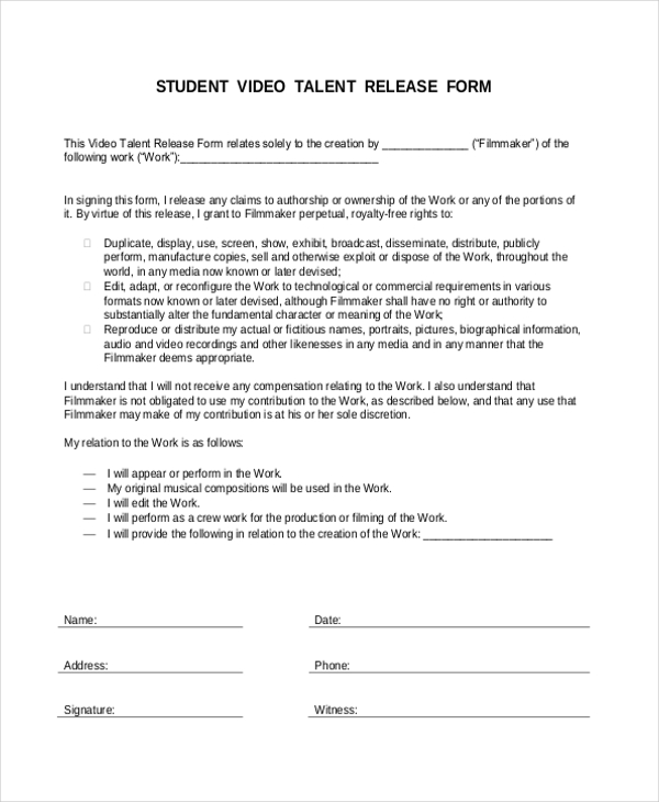 FREE 10+ Sample Talent Release Forms in MS Word PDF