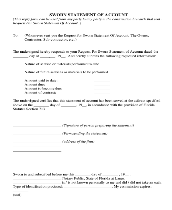 Free 9 Sample Sworn Statement Forms In Ms Word Ms Excel Pdf 9592