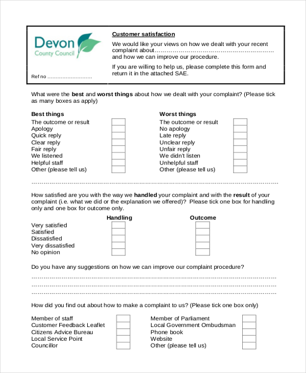 sample customer satisfaction form