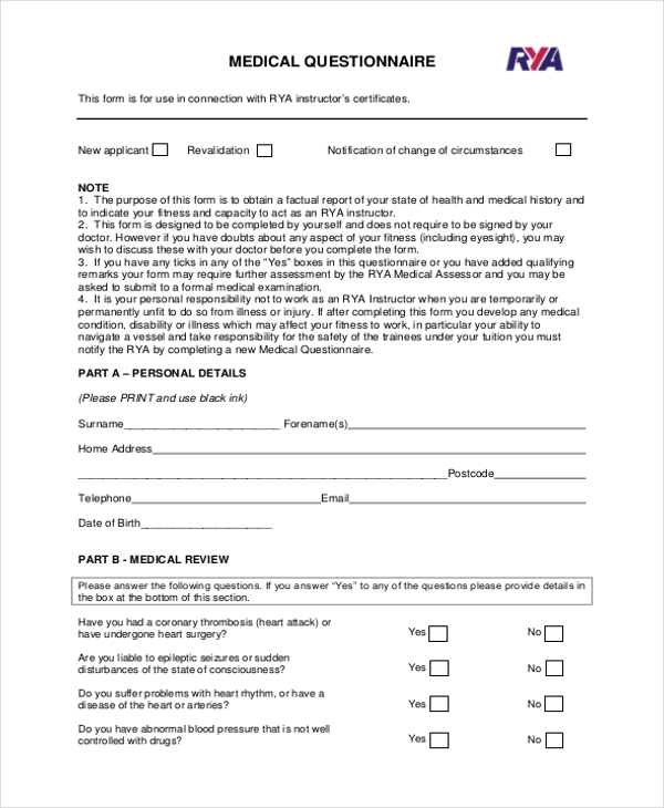 sample medical questionary form