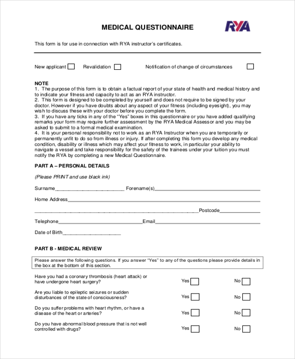 Employee Medical Questionnaire Template Word