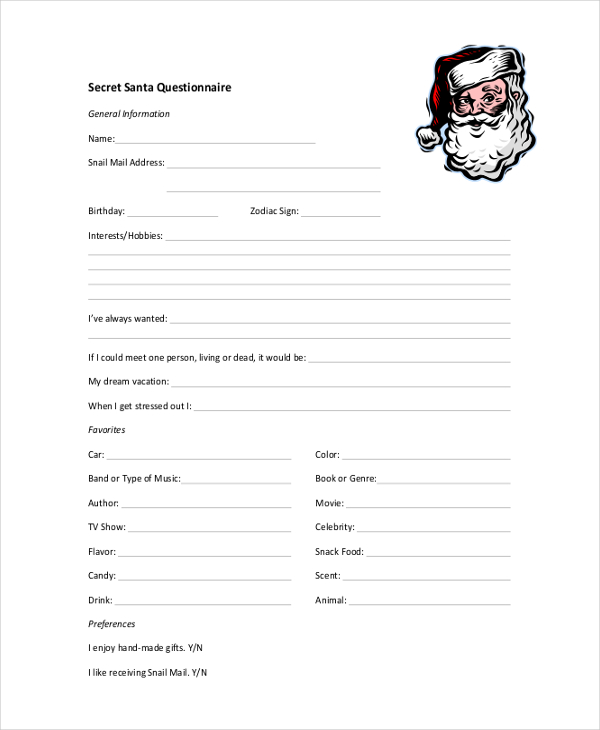 Free 10 Sample Secret Santa Questionnaire Forms In Pdf Ms Word