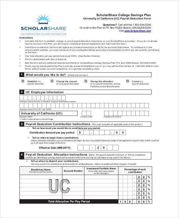 scholarshare payroll deduction form