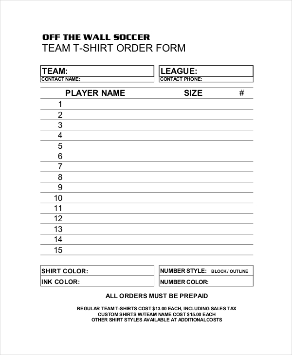 soccer team t shirt order form