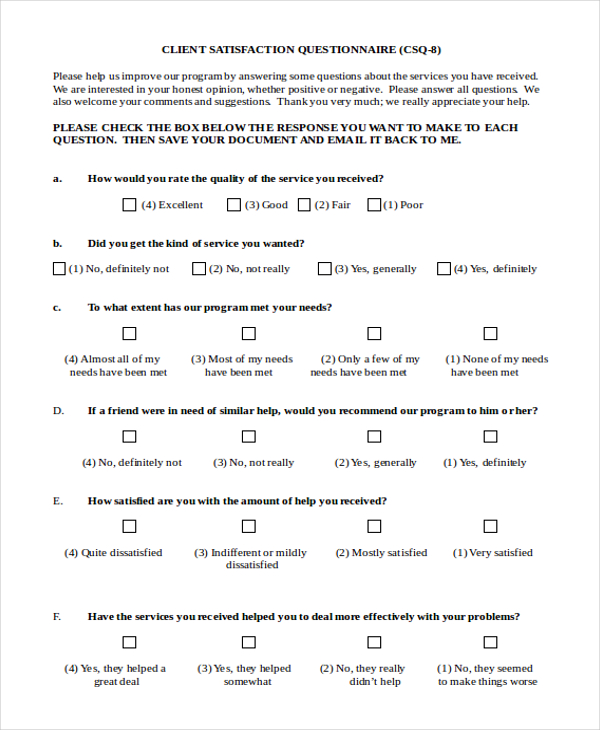 Free 8 Sample Client Satisfaction Questionnaire Forms In Pdf Ms Word