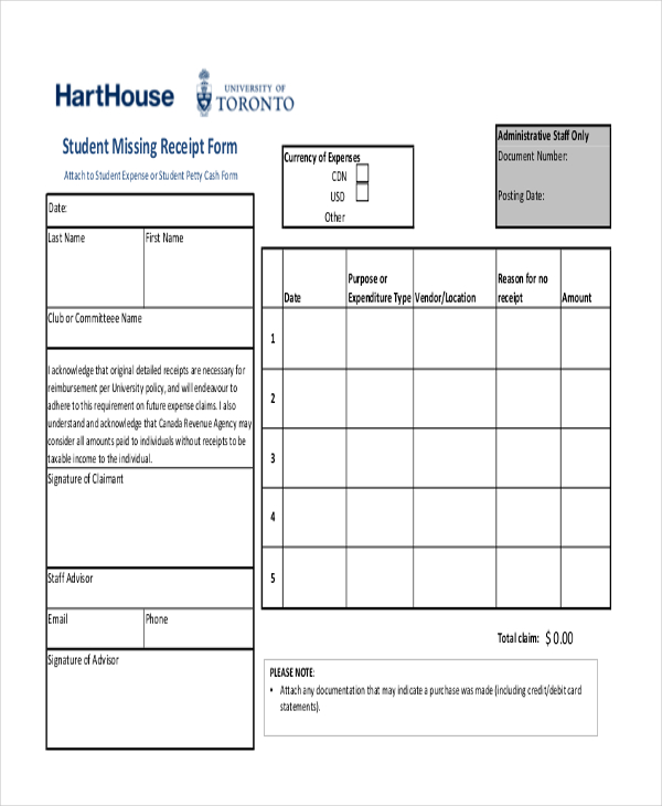 student missing receipt form