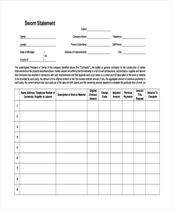 sworn statement blank