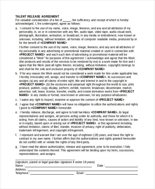 talent release agreement form