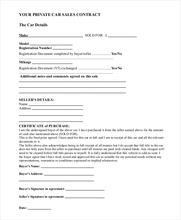 FREE 8+ Sample Car Sale Contract Forms in PDF MS Word