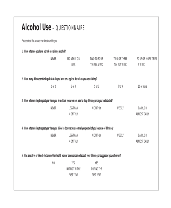 alcoholism questionnaire survey