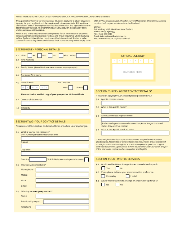 application form for international students