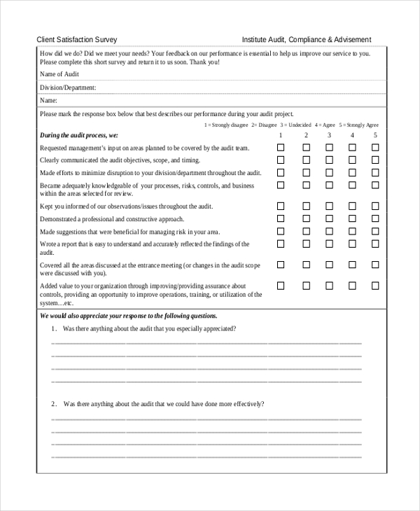 FREE 8 Sample Client Satisfaction Questionnaire Forms In