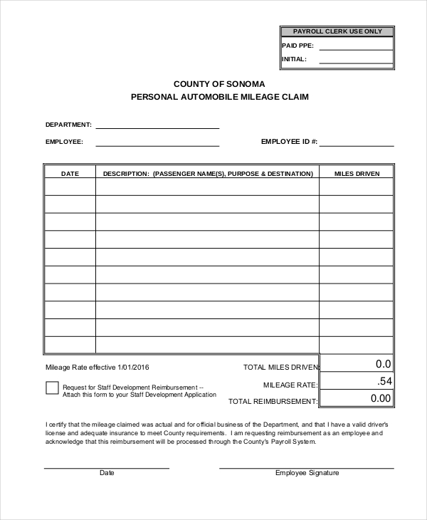 Template Mileage Claim Form HQ Printable Documents