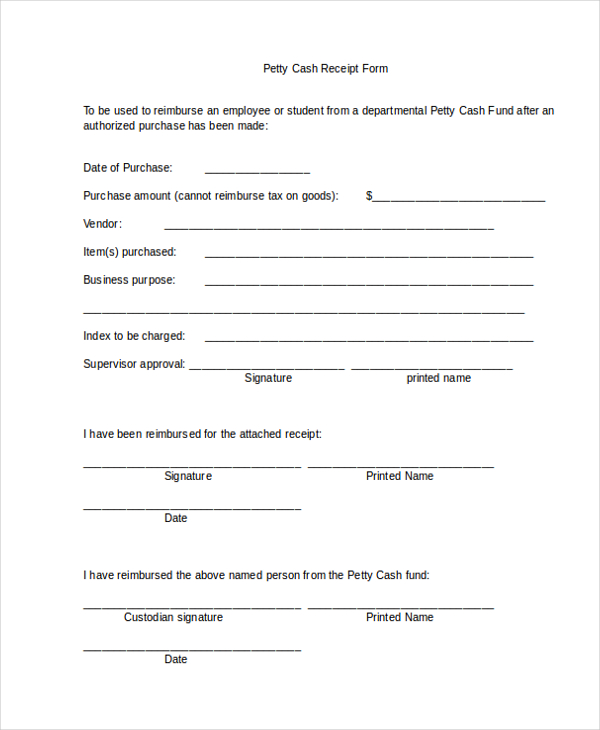 free 10 sample petty cash receipt forms in pdf ms word excel