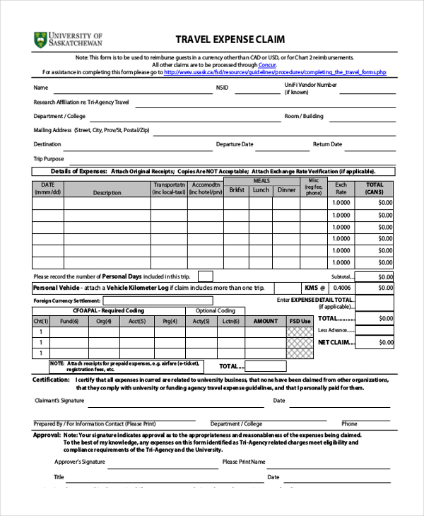 business travel expense form