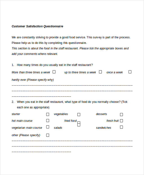 Sample Customer Satisfaction Survey Questions Restaurant