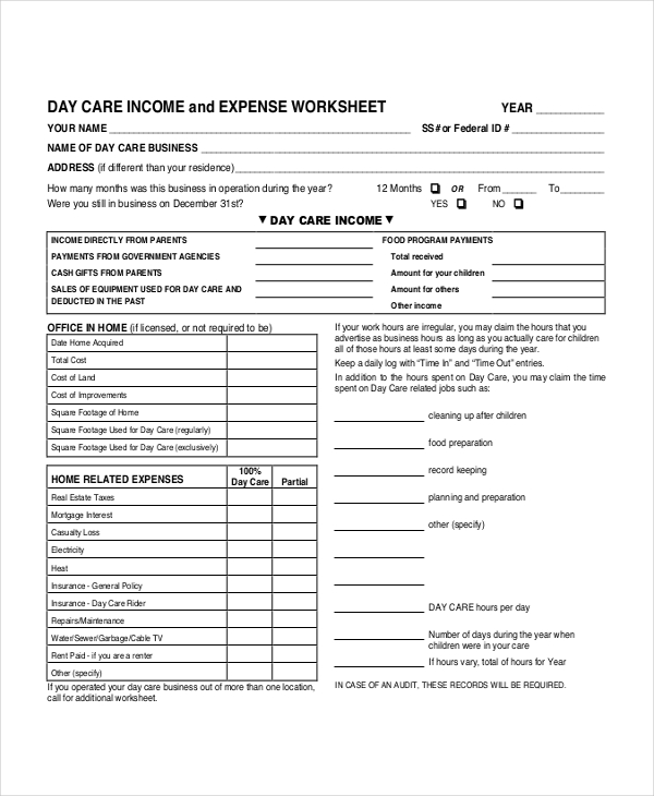 daycare business expense form
