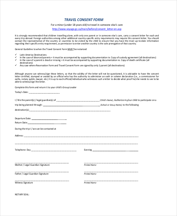 Free 11 Sample Travel Consent Forms In Pdf Ms Word Excel 9223