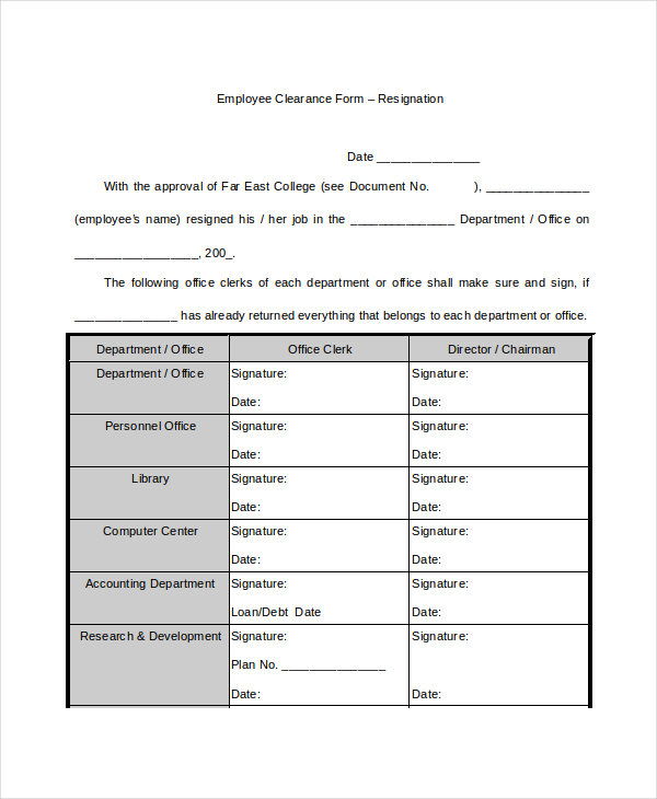 FREE 10+ Sample Employee Clearance Forms in PDF | MS Word | Excel