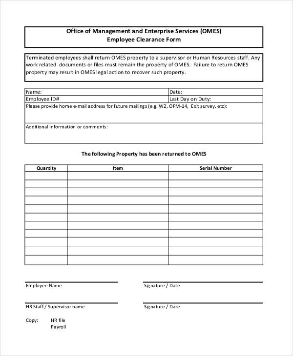 employee clearance form resignation