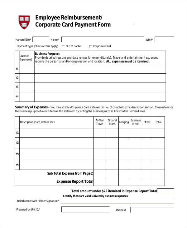 employee reimbursement form harvard