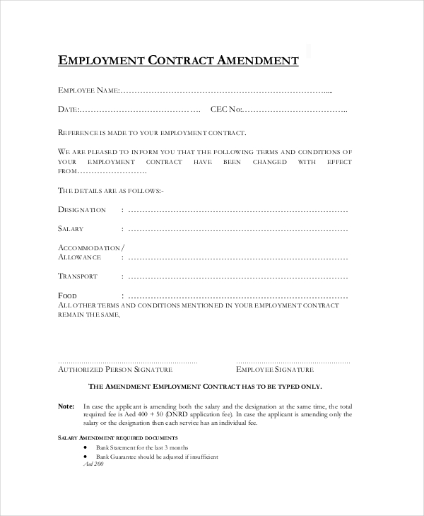 contract form amendment PDF FREE Forms in  Employment   Contract DOC 11 Sample