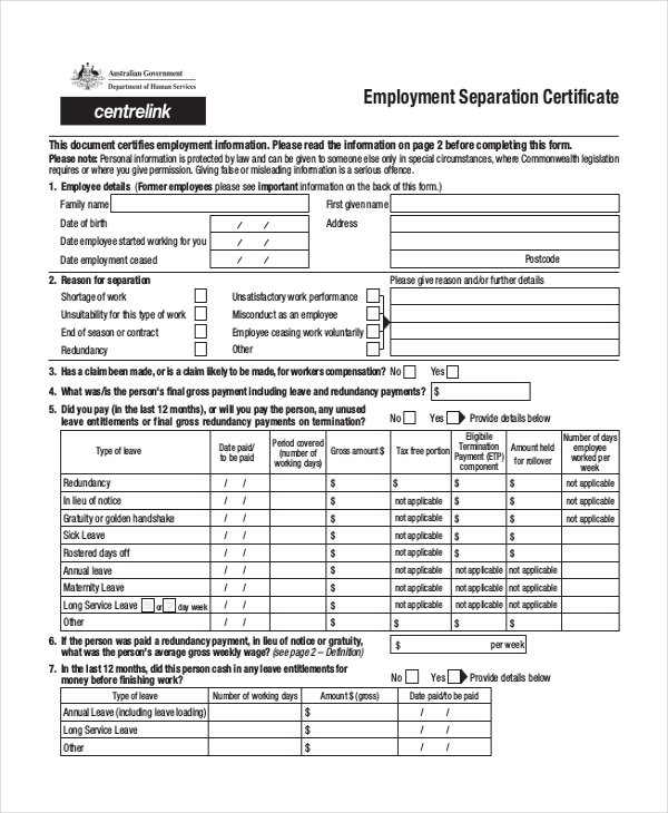 employment separation agreement form