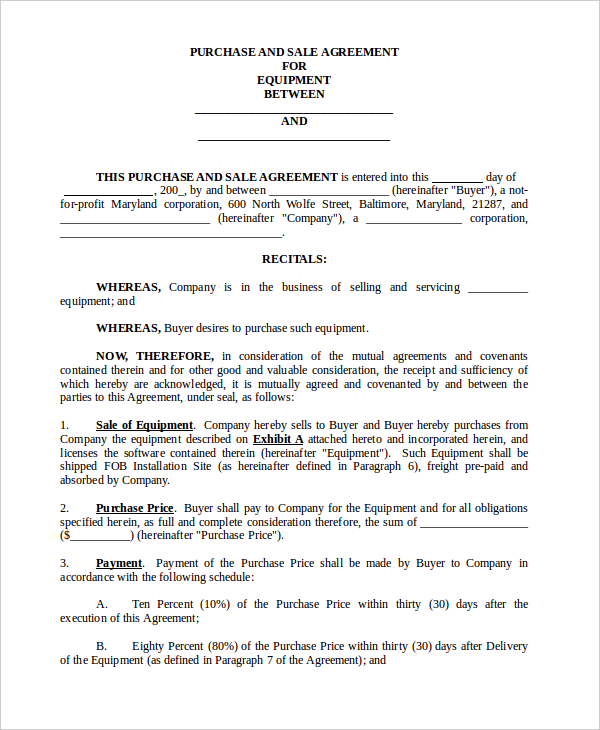 equipment purchase agreement form