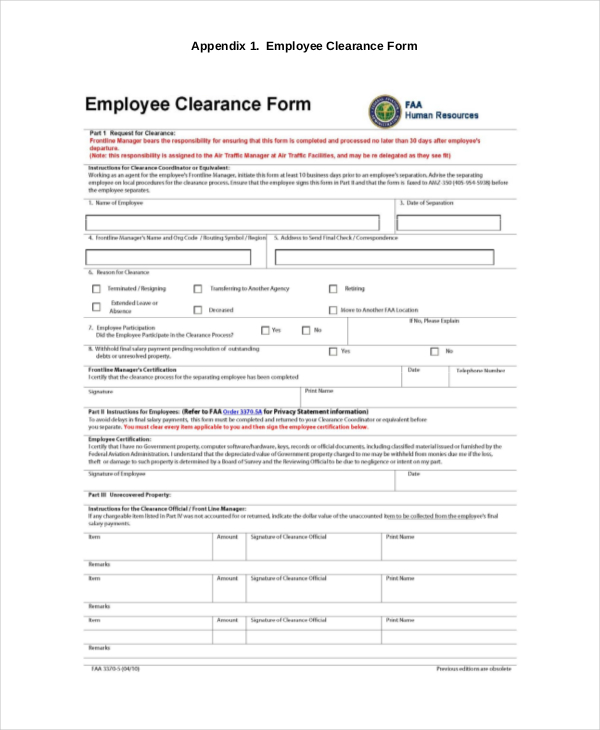 faa employee clearance form