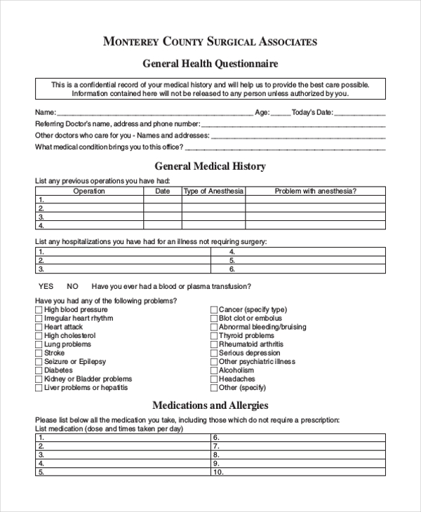 general medical health questionaire