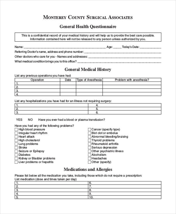 Sample Medical Questionnaire Form