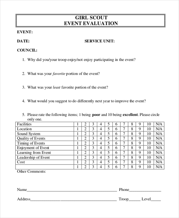 girl scout event evaluation form