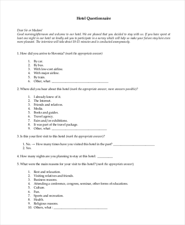 hotel survey form