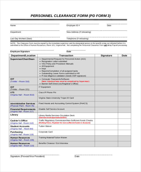 hr employee clearance form