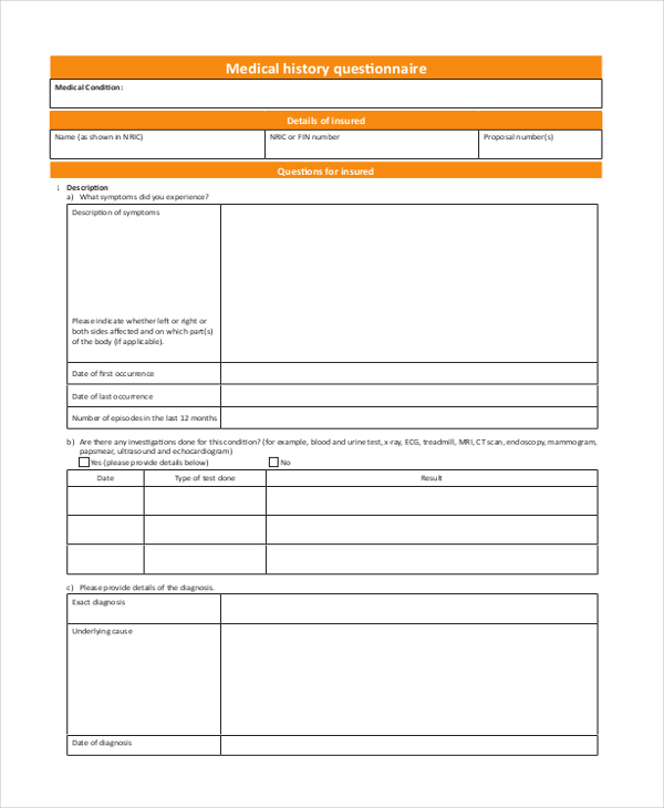medical history questionnaire form