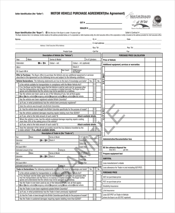 motor vehicle purchase contract form