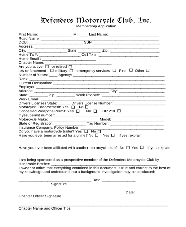 motorcycle club membership application form